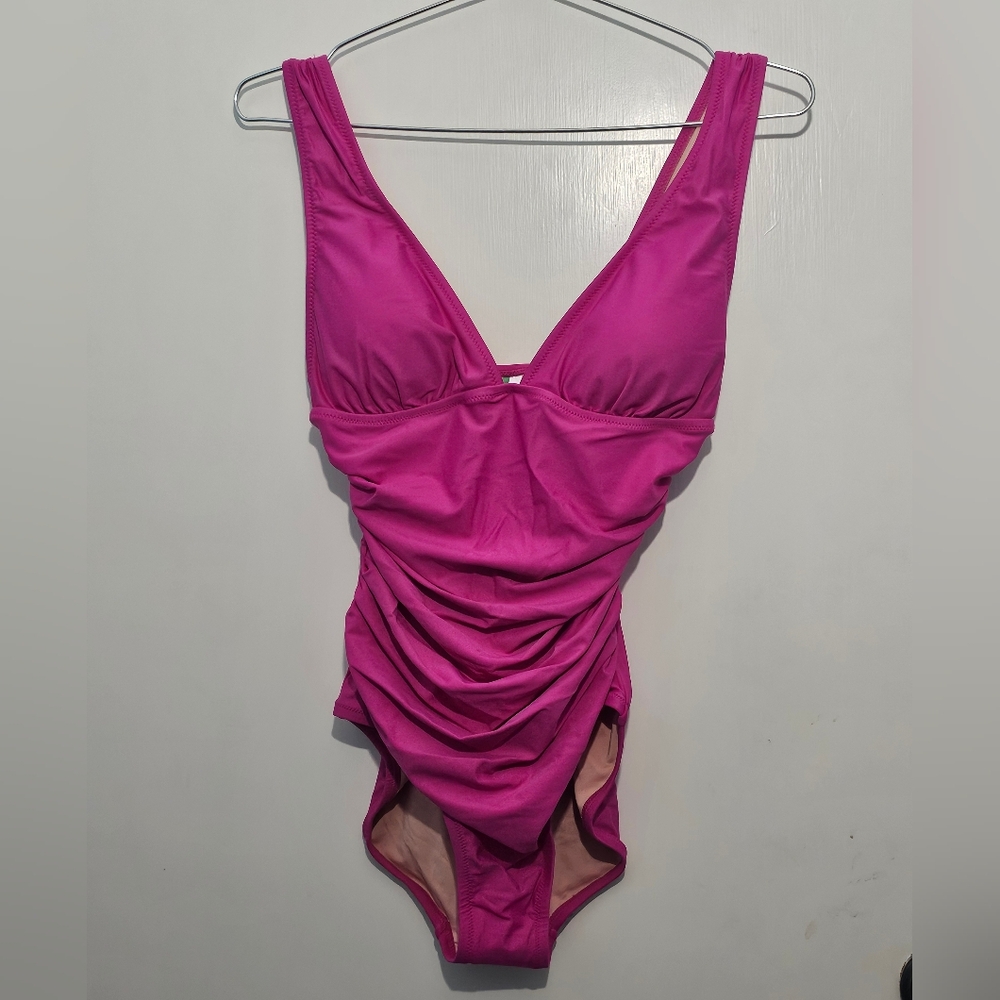 NWT - J.Crew Ruched V-Neck One Piece Swimsuit - Radiant Fuchsia